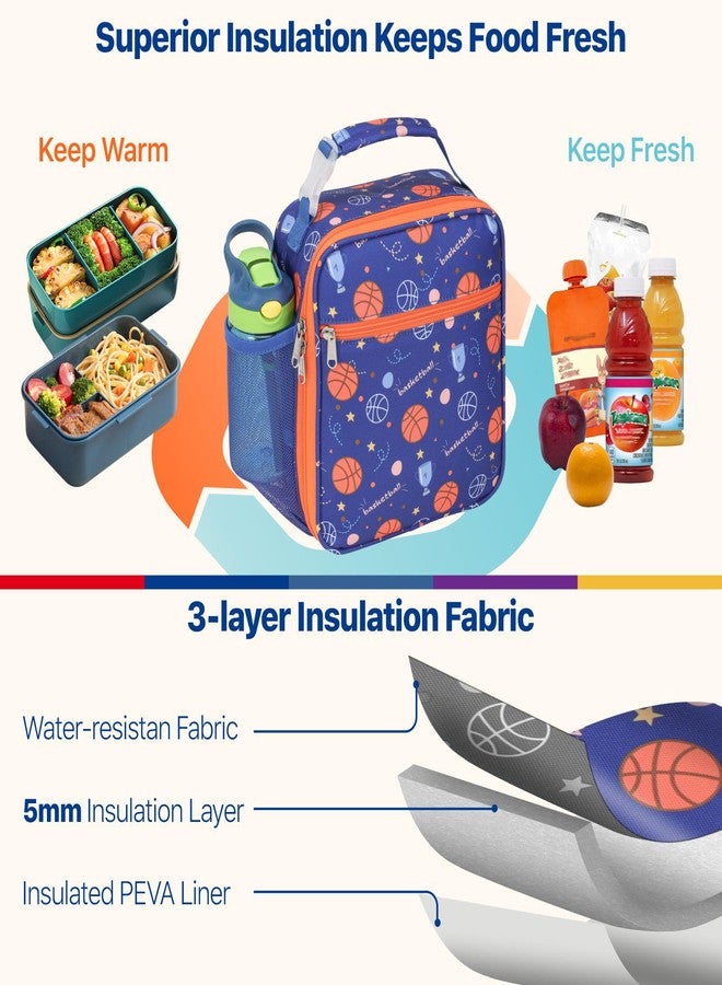 Bagseri Kids Lunch Bag Boys - Insulated Kids Lunch Box for Boys with Water Bottle Holder Reusable Lunch Tote Bag for School, Blue Basketball - Image 3